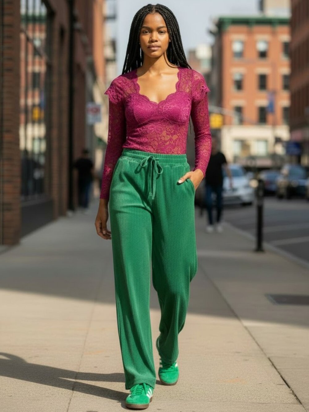 ASOS Petite Size 8 Green Velour Ribbed Drawstring Wide Leg Pants Sz 8